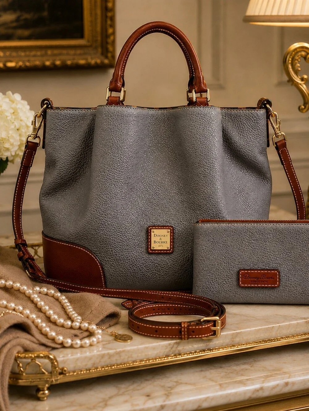 Dooney Bourke Large Brenna Pebble Leather Satchel Smoke Gray Zip Pouch Dust Bag - Picture 1 of 14